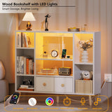 Furologee White Cube Shelf with 2 Drawers, 42inch Triple Wide Bookshelf with Power Outlets and LED Lights, 4-Tier Wood Bookcase Freestanding with Legs, Large 8 Cube Organizer for Bedroom, Living Room Furologee