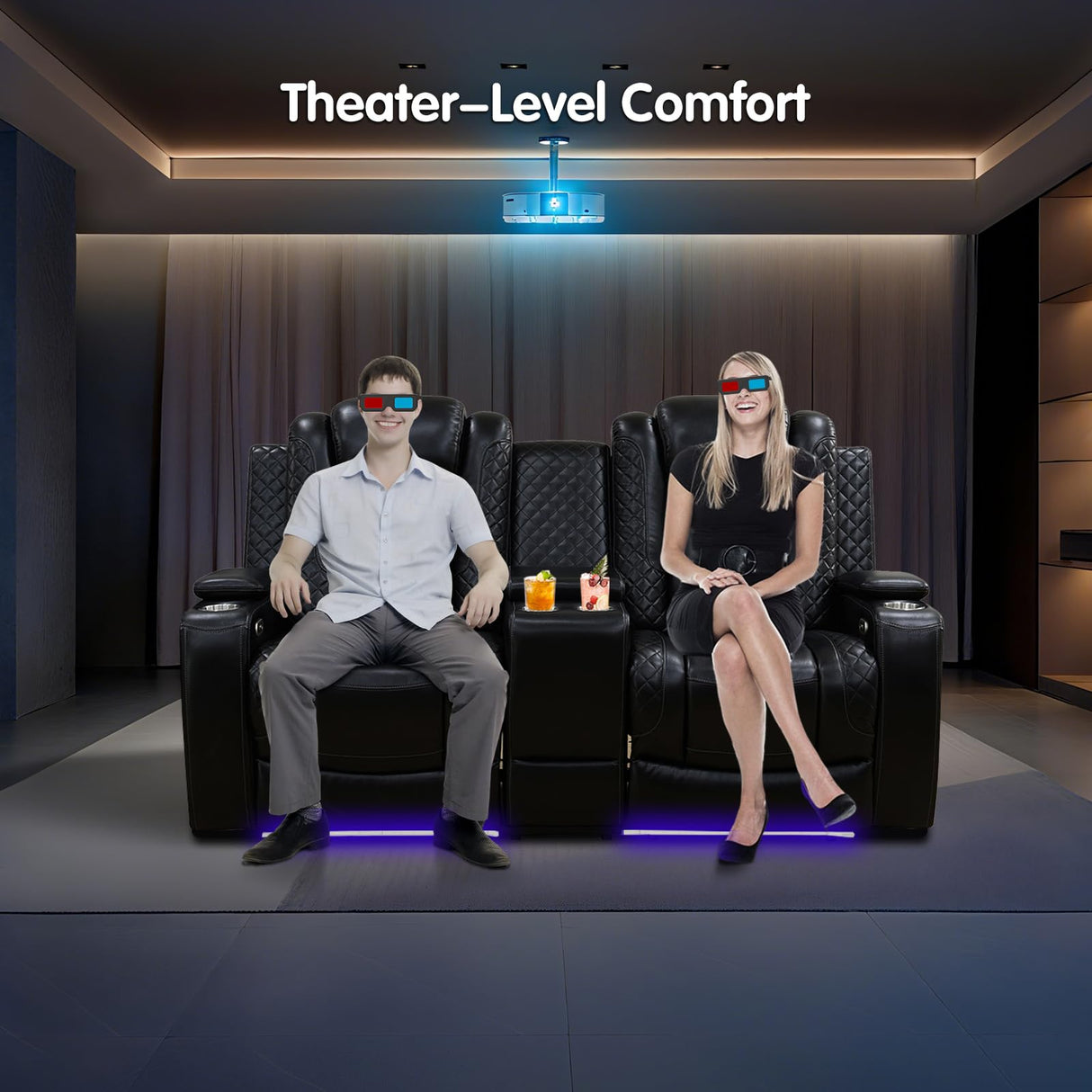 Power Reclining Loveseat Sofa for Home Theater, PU Leather Wall Hugger RV Recliner with Console, 4 Cup Holders, USB & Type-C, LED Lights, 170° Adjustable Backrest, Black Lyngins