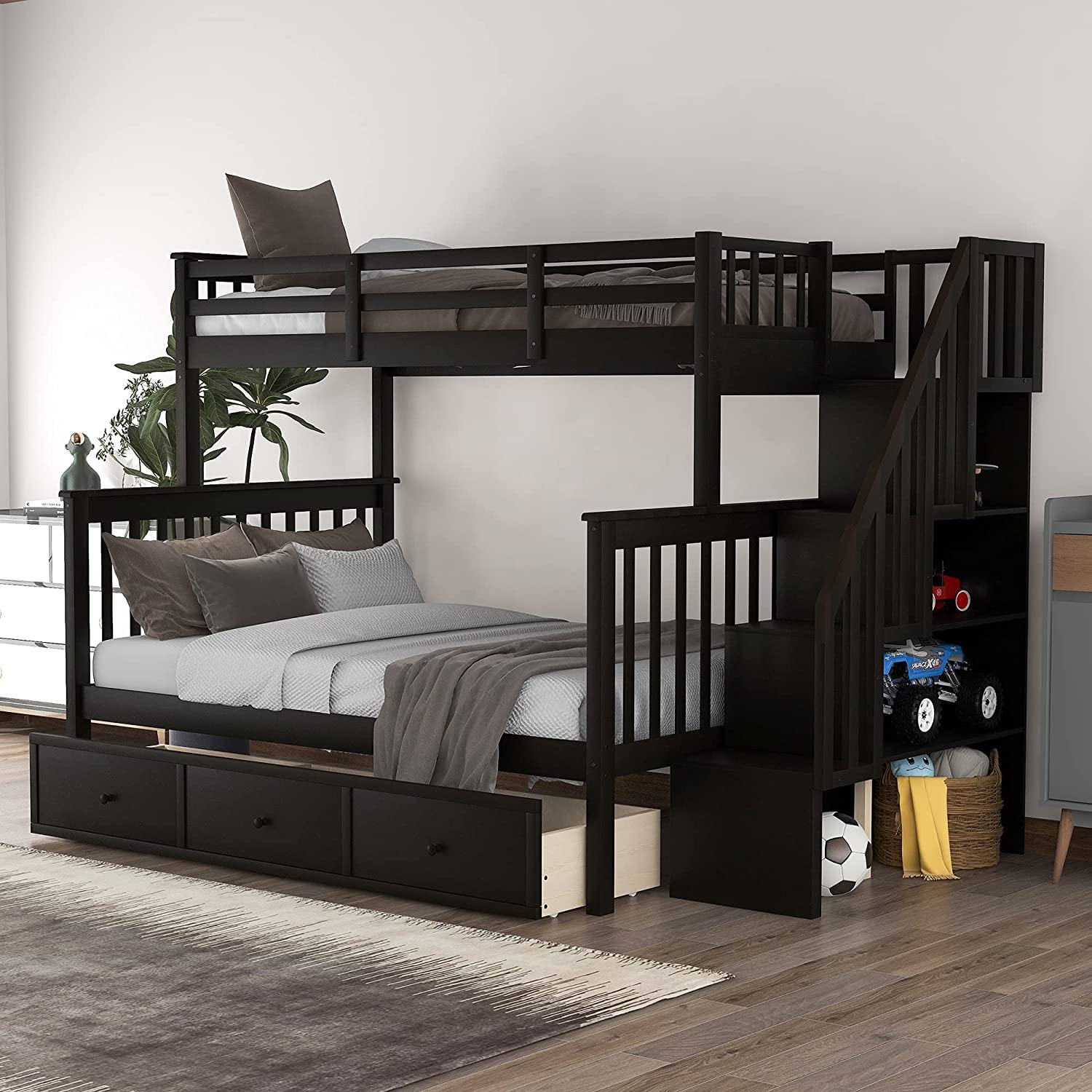 Espresso Twin Over Full Bunk Bed with Storage Drawers and Safety Stairway by Harper & Bright Designs - WoodArtSupply