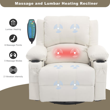 Massage Swivel Rocker Recliner with Lumbar Heat, Overstuffed PU Leather Recliners for Living Room, Modern Single Rocking Chair for Adults, Manual Rocker Recliner with Cup Holders for Bedroom, White Comermax