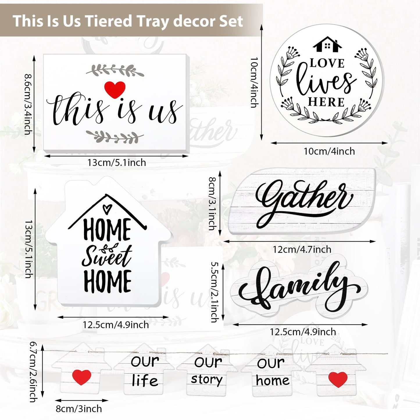 Yalikop 10 Pieces Farmhouse Tiered Tray Decor Wooden Rustic Decorations Home Sweet Home Family Gather Love Wood Block Our Life Our Story Table Signs for Farmhouse Home Kitchen Shelf Coffee(Classic)