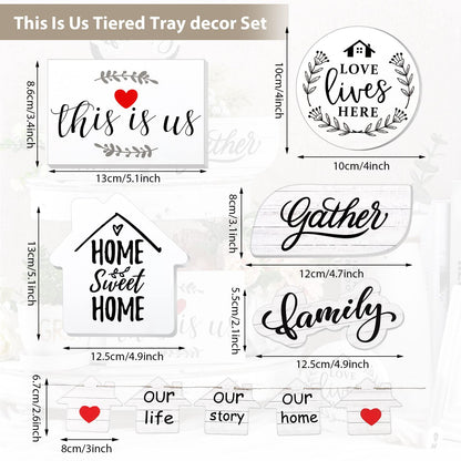 Yalikop 10 Pieces Farmhouse Tiered Tray Decor Wooden Rustic Decorations Home Sweet Home Family Gather Love Wood Block Our Life Our Story Table Signs for Farmhouse Home Kitchen Shelf Coffee(Classic)