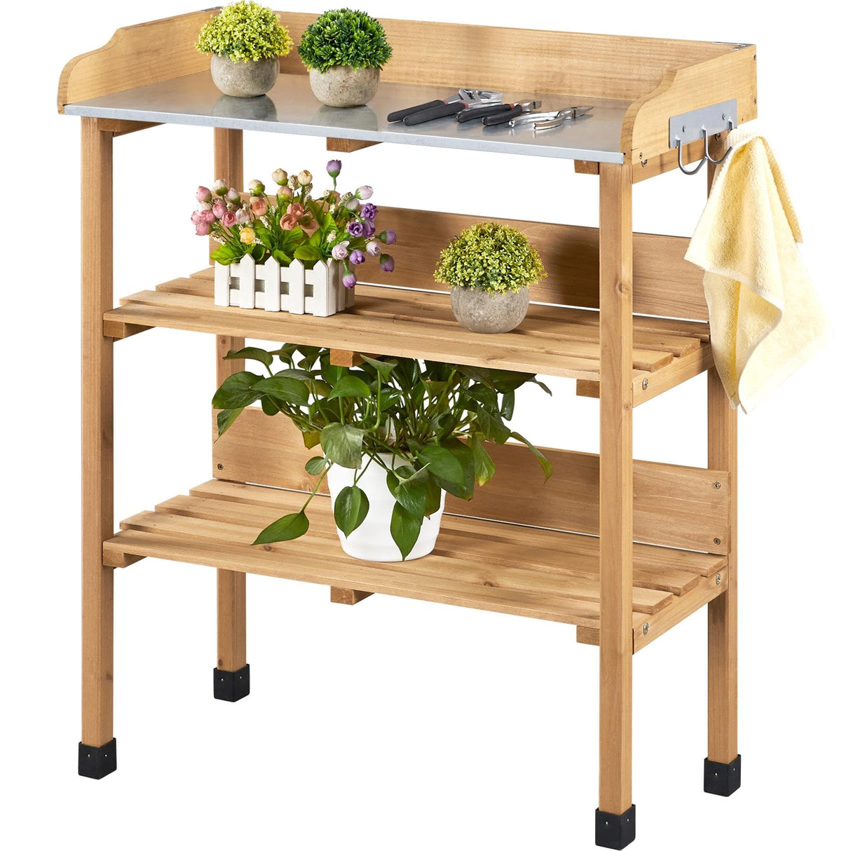 Yaheetech Outdoor Garden Potting Bench Table Wooden Horticulture Planting Worstation w/Metal Tabletop/Storage Shelf/3 Hooks, Natural Wood Yaheetech