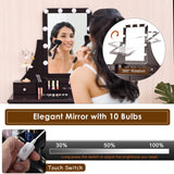 LDAILY Vanity Table Set with 10 LED Lights, Dressing Makeup Vanity with 360° Rotating Lighted Square Mirror, Cushioned Stool & 5 Drawers, Modern Bedroom Vanity Desk for Girls Women (Brown) LDAILY