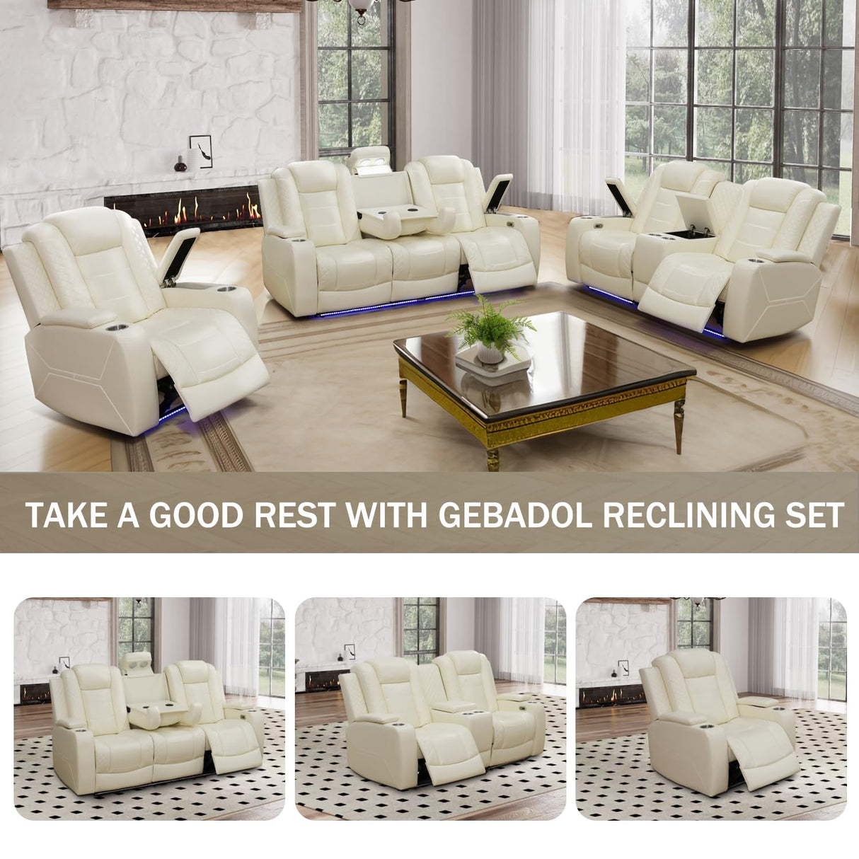 GEBADOL Power Recliner Sofa Set, Breathing Leather Sofa Set with Storage Console/Cup Holders/USB Ports, Leather Reclining Couch Set for Living Room (Creamy White, Sofa+LOVESEAT+Chair) GEBADOL