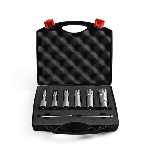 Annular Cutter Set Carbide 8pcs JESTUOUS 3/4 Inch Weldon Shank 1-3/8 Cutting Depth and Cutting Diameter from 1/2 to 1-1/16 Two Flat TCT Bit for Drill Press with 2 Pilot Pins - WoodArtSupply