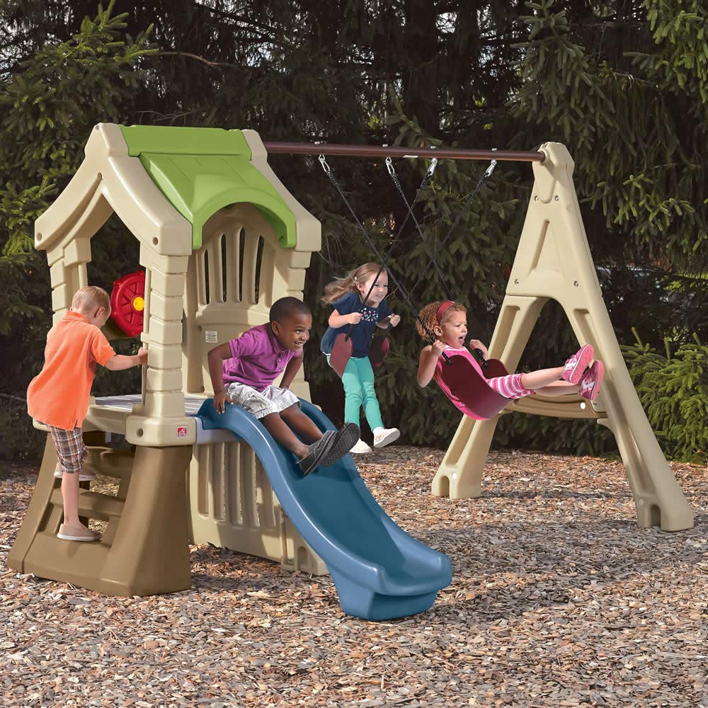 Step2 Play Up Gym Set for Kids, Outdoor Swing Set, Backyard Slide, Swings, Playhouse, & Crawl Space, Two Tier, Easy Set Up, Toddlers Ages 3-6 Years Old Step2