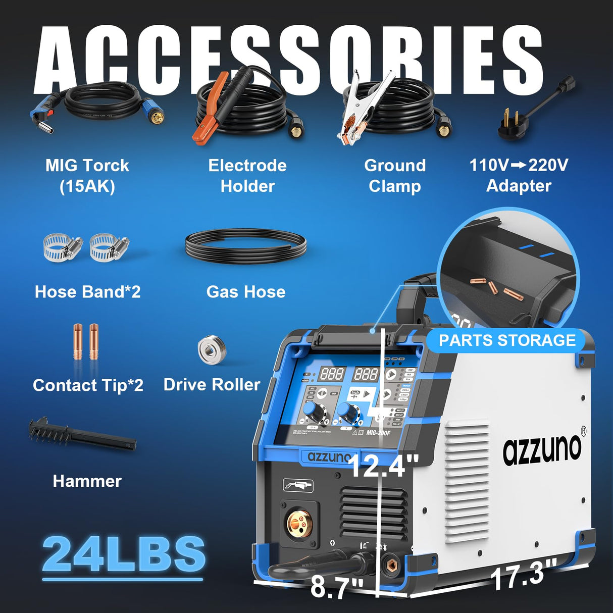 AZZUNO 200A MIG Welder,110V/220V Dual Voltage multiprocess welder,Gas Gasless MIG Welding Machine,4 in 1 Flux MIG/Solid Wire/Lift TIG/Stick ARC Welder (Grey) AZZUNO