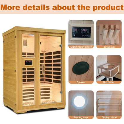 Far Infrared Wooden Sauna Room for Home,Canadian Hemlock 2 Person Wooden Dry Sauna with Dual Control Panel and MP3 Controller, Time and Temp Pre-Set,8 Carbon Panels,Led Reading Lamp,Mother'Da - WoodArtSupply