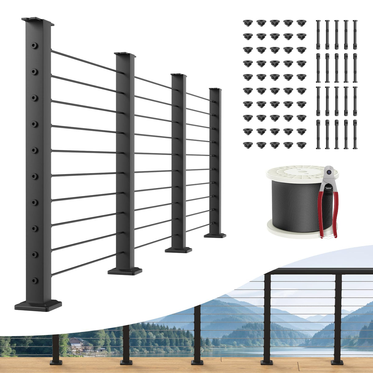 BLIKA Complete Set 36" Cable Railing Post Kit(Post 35"x2"x2"), Black Level Drilled Cable Railing Post, Swageless Deck Railing System Kit Include 4Pack Level Posts,1/8" Stainless Cable(No Handrail) BLIKA