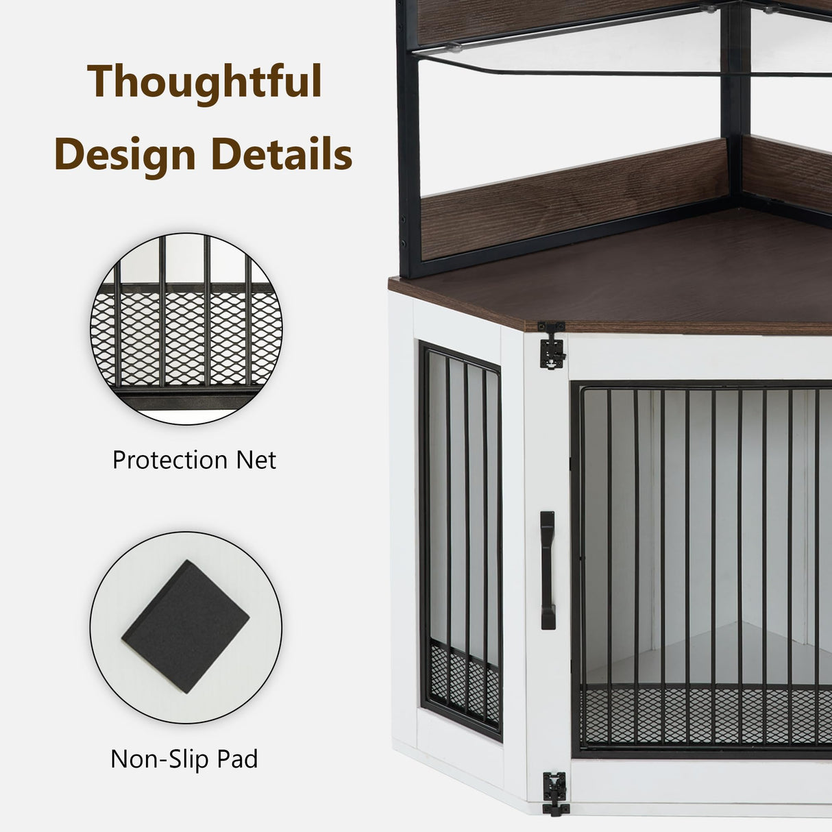 MCombo Small Corner Dog Crate Furniture with Glass Shelves, Wooden Dog Kennel Furniture with Door, Pet Crate Indoor Use, CN17 (White and Brown) MCombo