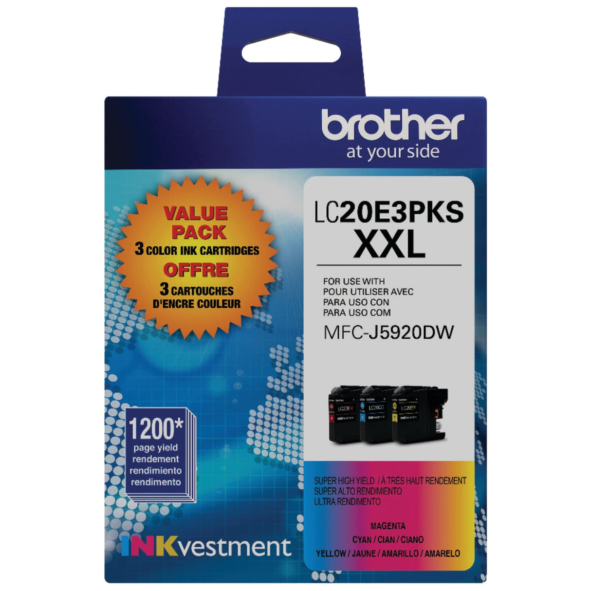 Brother Genuine High Yield Color Ink Cartridge, 3 Pack of LC20E, Replacement Color Ink Three Pack, Includes 1 Cartridge Each of Cyan, Magenta & Yellow, Page Yield Up to 1200 Pages/Cartridge, LC20E Brother