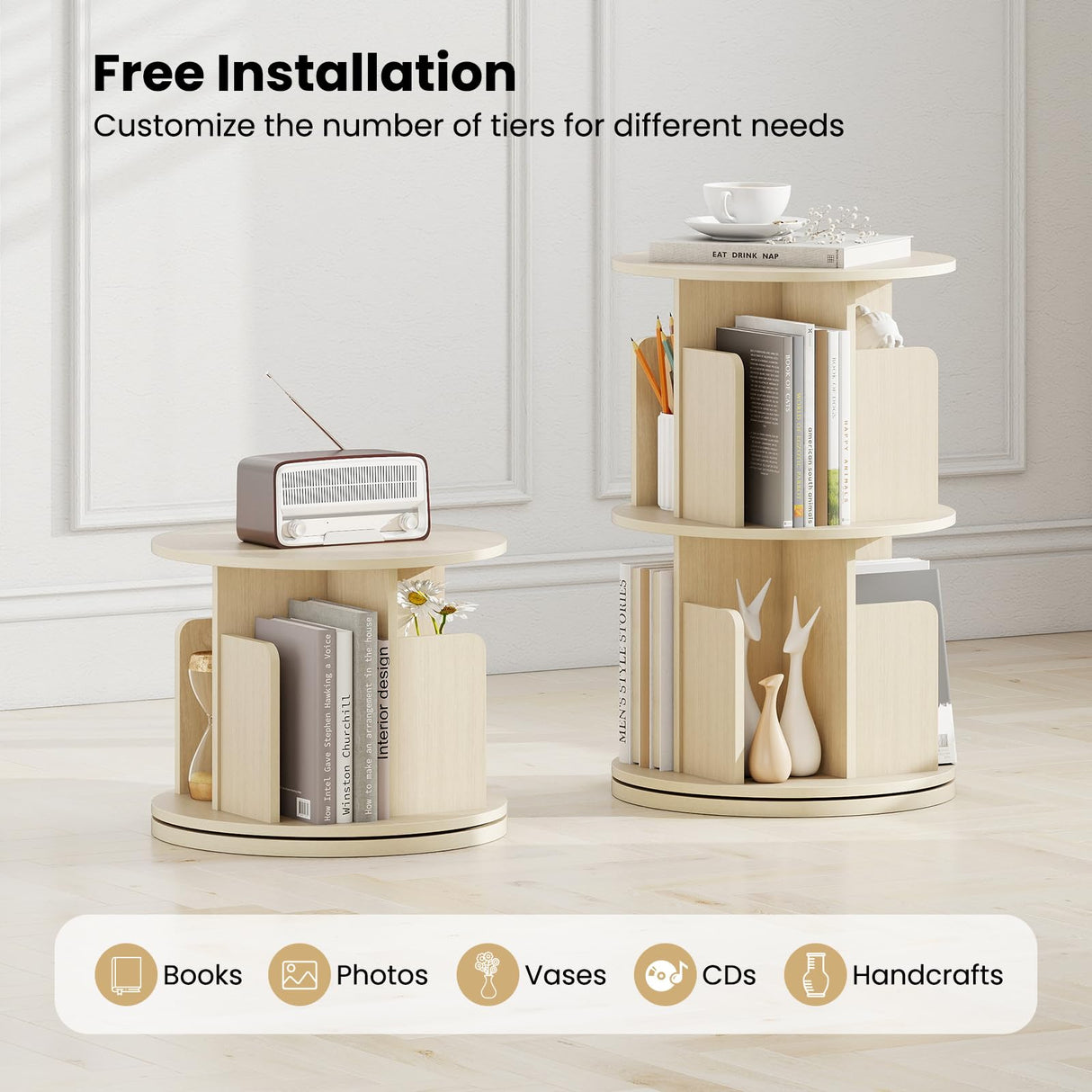 Giantex 2-Tier Rotating Bookshelf, 360° Display Rack w/Dividers & Anti-Falling Baffles, Multifunctional Narrow Floor Standing Bookcase, Book Storage Organizer for Living Room Bedroom, Natural Giantex