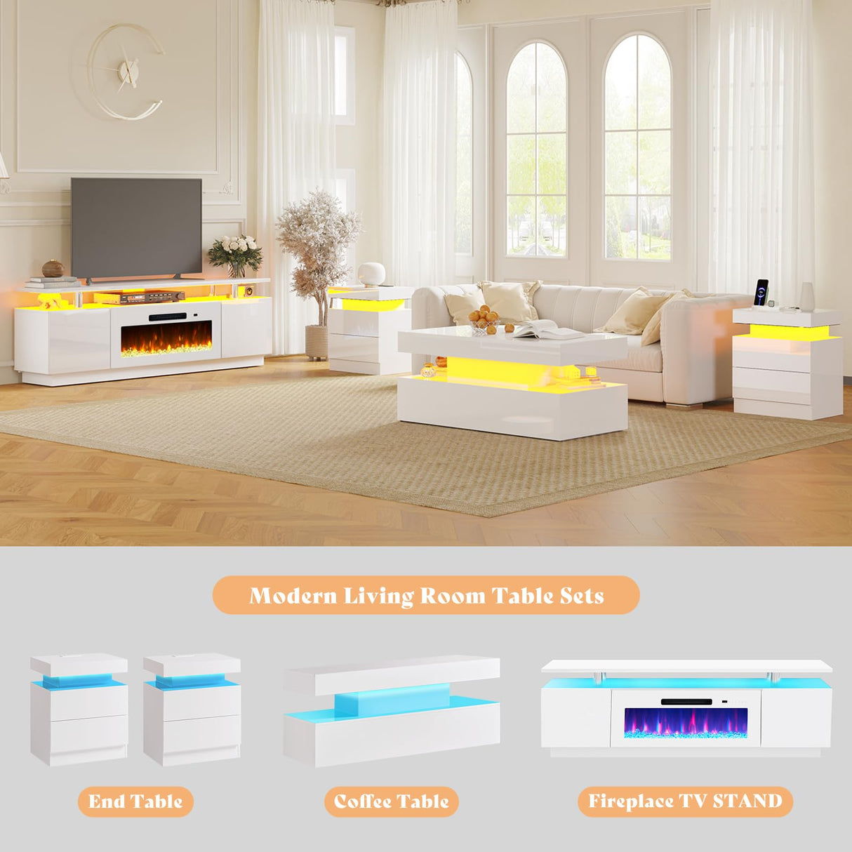 AMERLIFE 5 Piece Modern Living Room Table Set, Includes 70" Fireplace TV Stand, 2-Tier Coffee Table, 2 X Side Tables with Charging Station, LED Media Furniture, White AMERLIFE