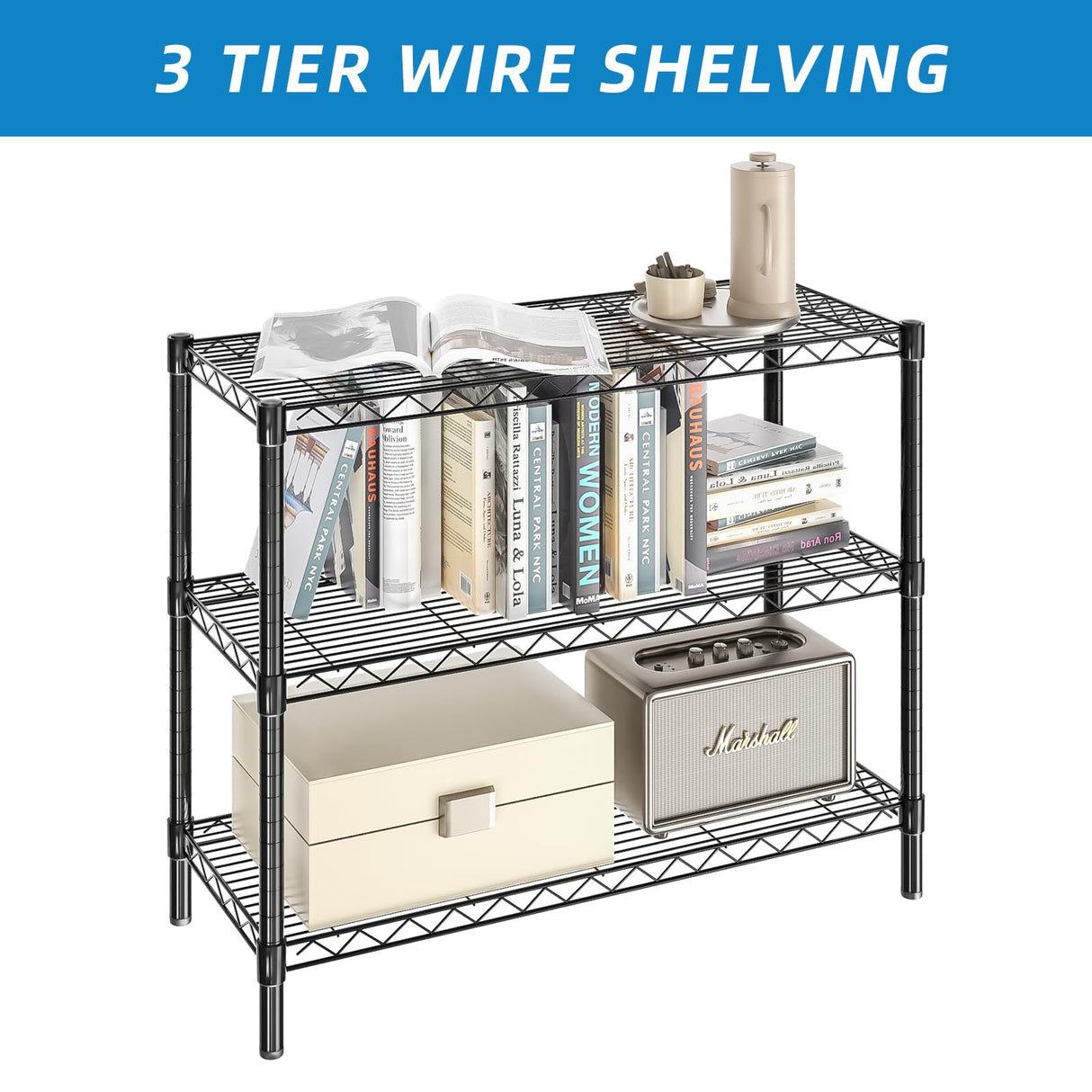 Guan River 3-Shelf Adjustable Metal Shelf Wire Shelving Unit Storage Rack Display Shelf for Office,Kitchen,Bedroom,Bathroom,Laundry,Pantry Basement,Garage(Black,36" L x 14" W x 30" H) Guan River