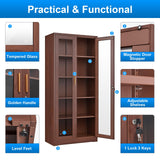 Glass Display Cabinet, Display Case with Glass Doors and Shelves, Metal Curio Cabinets with Locking, 71" Tall Bookcase with Glass Doors for Home, School, Clinic (Wood Color)- Assemble Required Polup