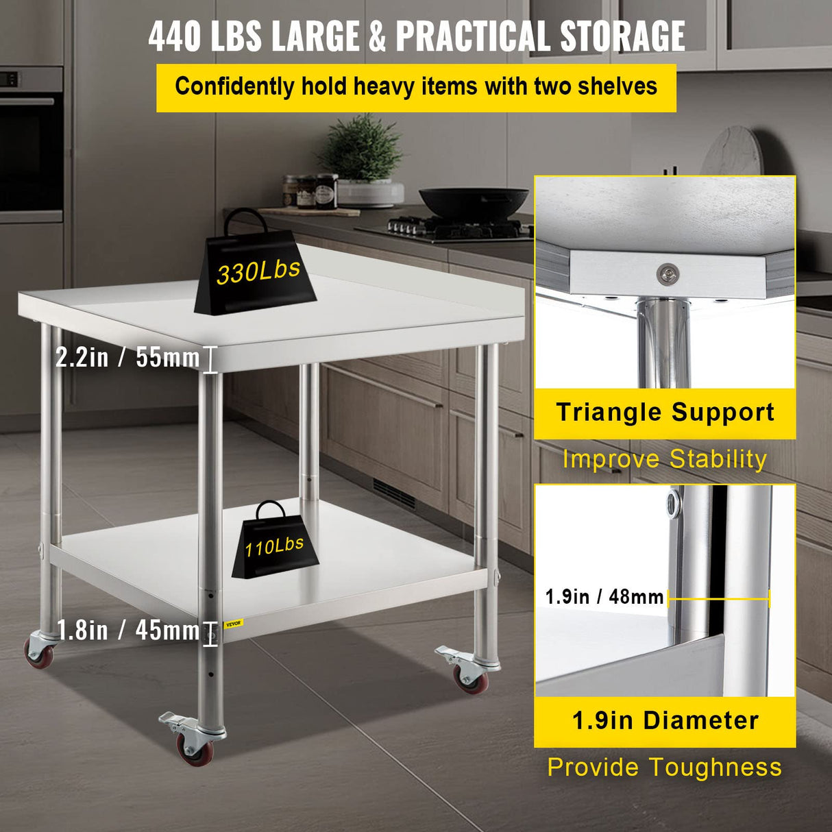 VEVOR Stainless Steel Prep Table, 24 x 15 x 35 Inch, 440lbs Load Capacity Heavy Duty Metal Worktable with Backsplash Adjustable Undershelf & 4 Casters, Commercial Workstation for Kitchen Restaurant VEVOR