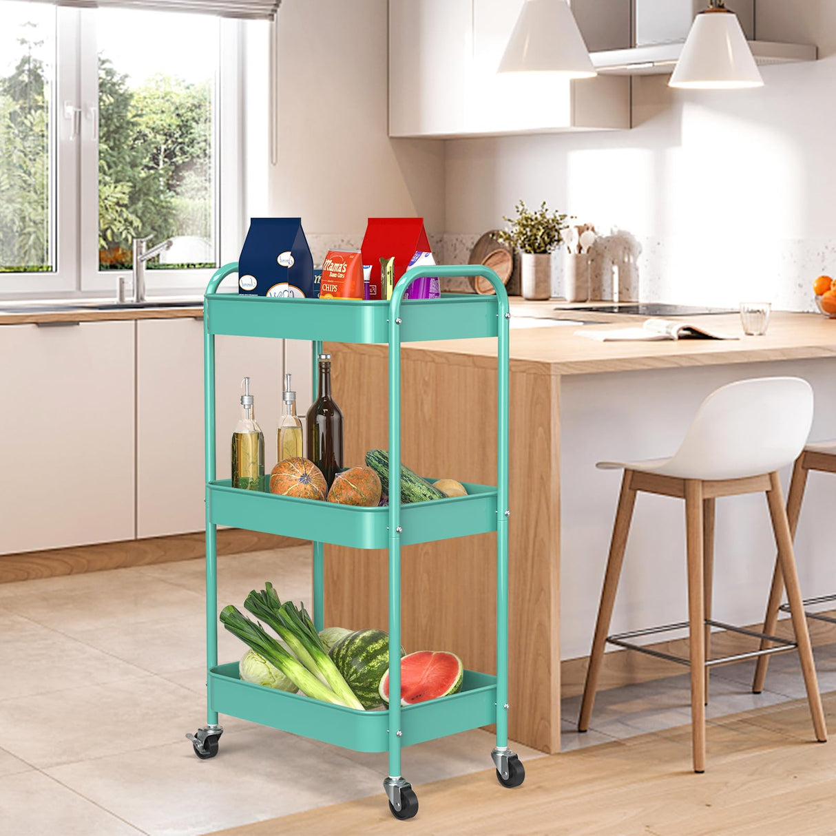 PNVXNUS 3-Tier Rolling Metal Storage Cart with Wheels, Multi-Functional Organizer for Office, Kitchen, Bathroom, Books Diapers - Easy Assembly (Blue) PNVXNUS