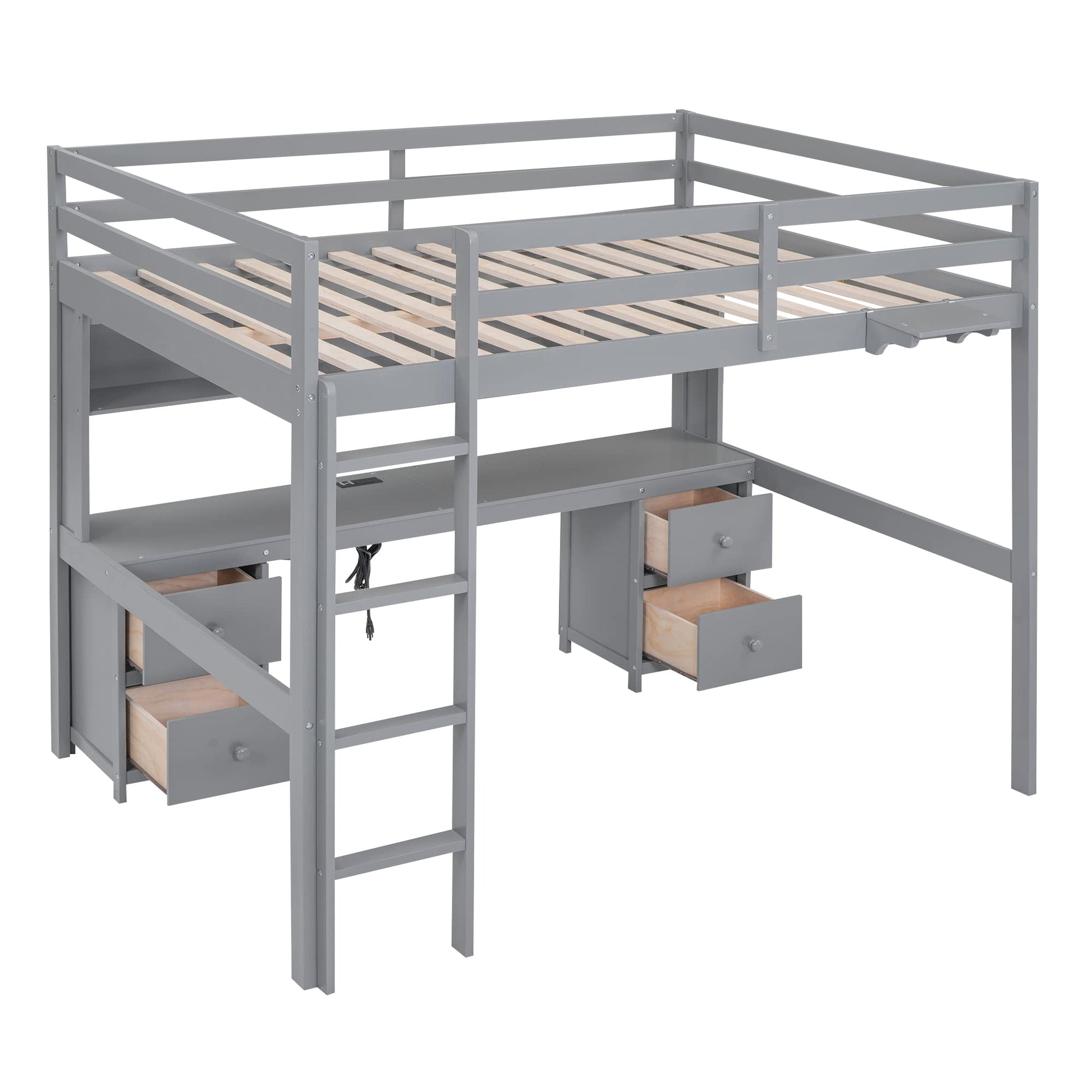 Full Size Loft Bed with Desk, Storage, Charging Station and Safety Features in Grey - WoodArtSupply