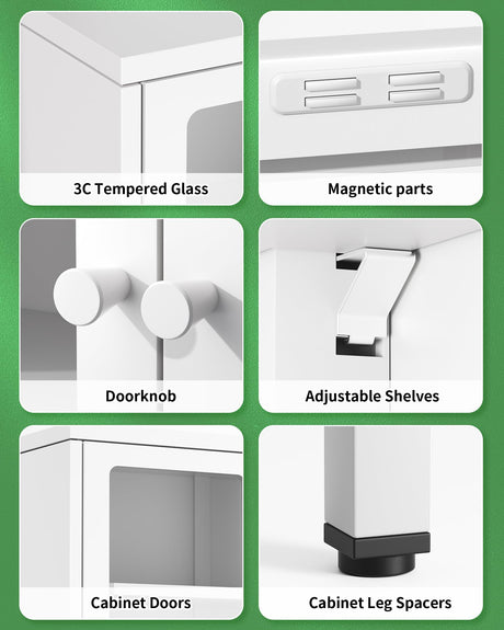Bonusall Display Cabinet with Glass Doors,67” Metal Display Curio Cabinet with Glass Doors and 4 Adjustable Shelves for Collectibles,Home Office,Living Room,Gaming Room(White) Bonusall