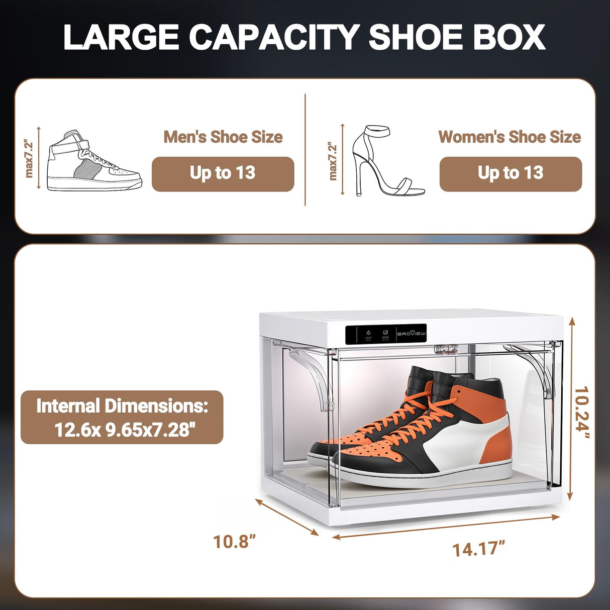 BROVIEW Smart Shoe Display Box with Led Lights, Clear Plastic Stackable Shoe Storage Box, Auto-Opening Shoe Organizer Sneaker Case, Remote Control LED Shoe Boxes, Collection Crate, 1 Pack White BROVIEW