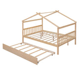 Merax Full Size Wooden House Bed with Trundle, Wood Bed Frame with Roof for Kids, Teens, Boys or Girls, Natural Merax