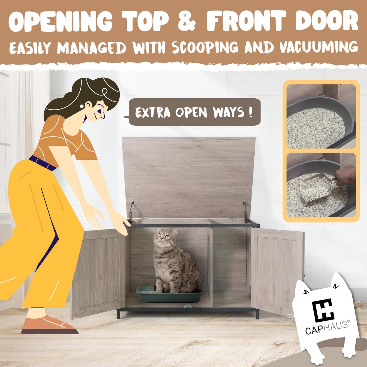 CAPHAUS Cat Litter Box Furniture with Divider, Flip-top Hidden Cat Washroom Enclosure, Wooden Indoor Cat House with Double Doors, Metal Frame Enclosed Cat Boxes, Cabinet for Large Cat, Greige Oak