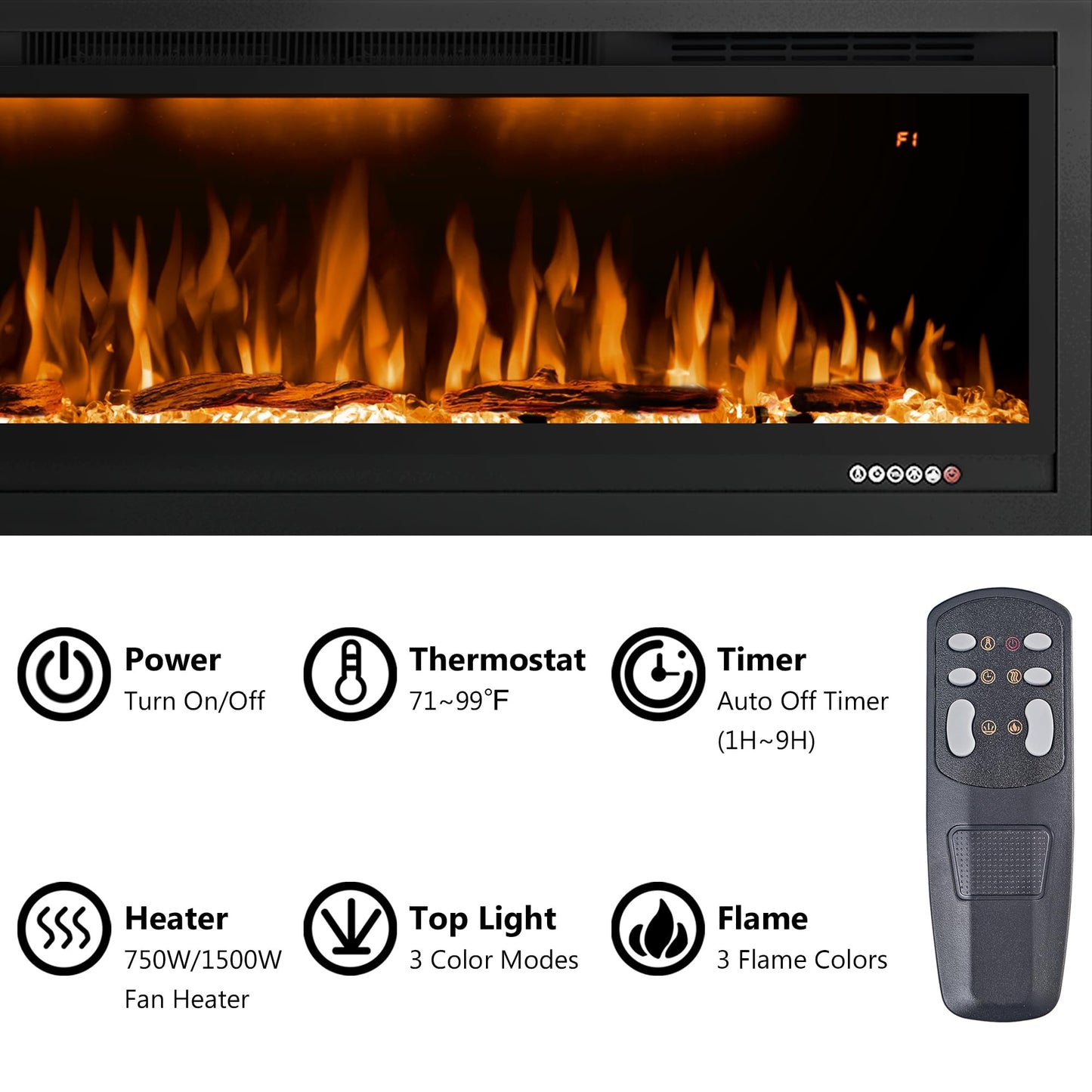 Rodalflame 60" WiFi-Enabled Electric Fireplace Insert, APP Smart Control, Wall Mounted&Recessed Linear Fireplace Heater with Thermostat, Flame&Top Lights, Log&Crystal, Timer