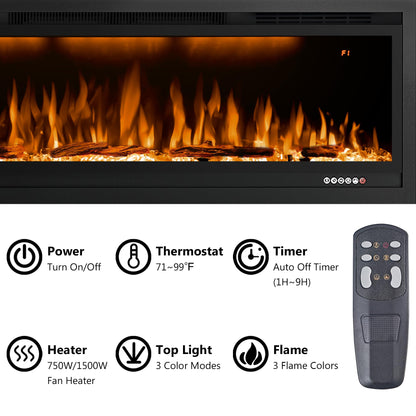 Rodalflame 60" WiFi-Enabled Electric Fireplace Insert, APP Smart Control, Wall Mounted&Recessed Linear Fireplace Heater with Thermostat, Flame&Top Lights, Log&Crystal, Timer