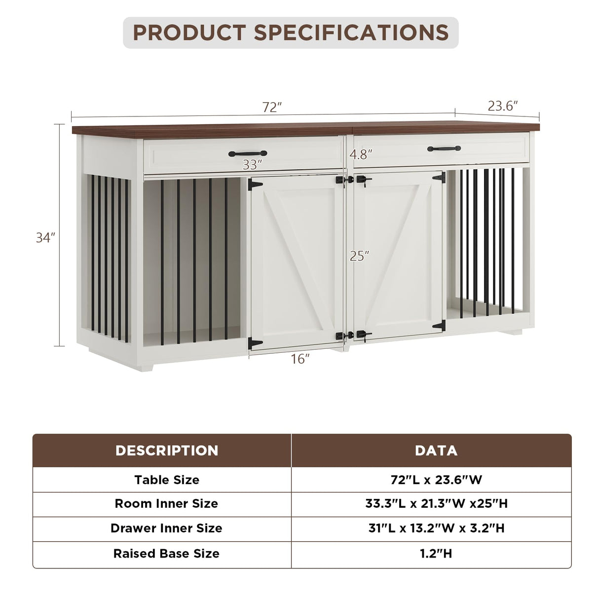 Furniture Style Dog Crate - Indoor Wooden Dog Kennel Furniture with 2 Drawers & Room Divider - 72" L x 23.6" W x 34" H - White MOWPEX