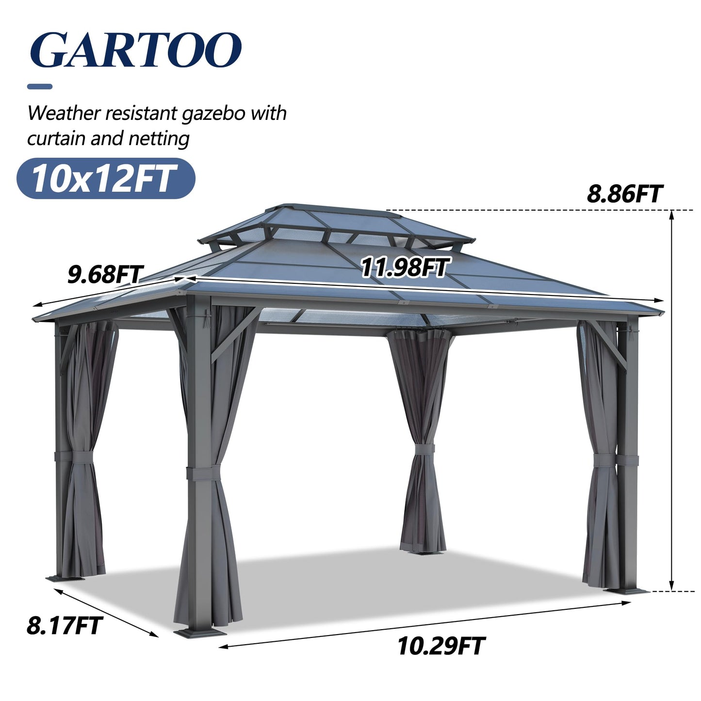 GARTOO 10’x12’ Patio Polycarbonate Canopy Gazebo, Outdoor Double Roof Gazebo with Steel Frame, Backyard Gazebo with Breathable Netting and Curtains - Perfect for Patio, Lawn, Garden, Poolside