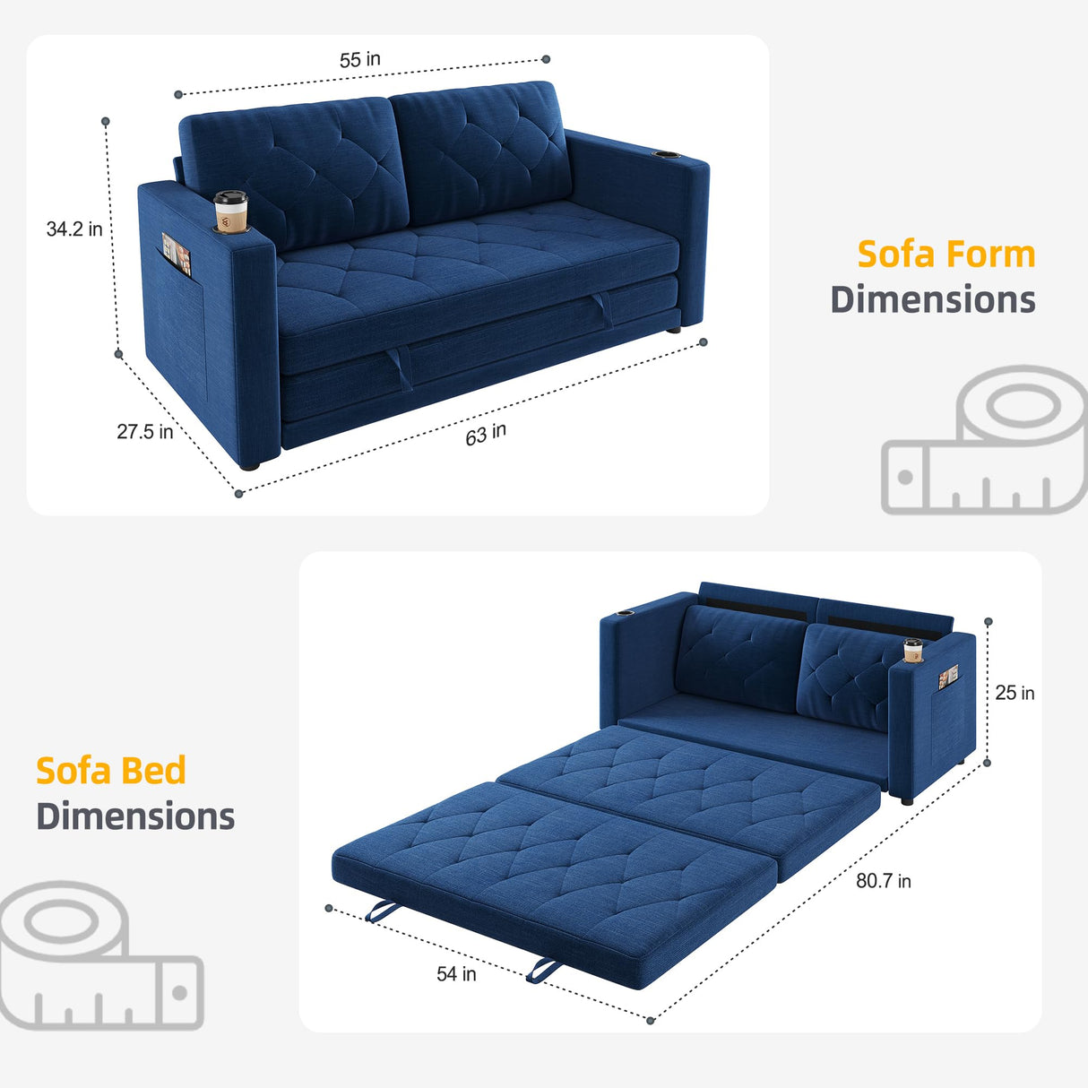 Lvifur 3-in-1 Loveseat Sleeper Sofa, Pull Out Sleeper Couch Full Size, Foldable Futon Sofa Bed for Small Space, Convertible Floor Couch with Side Pockets for Living Room (Blue) Lvifur
