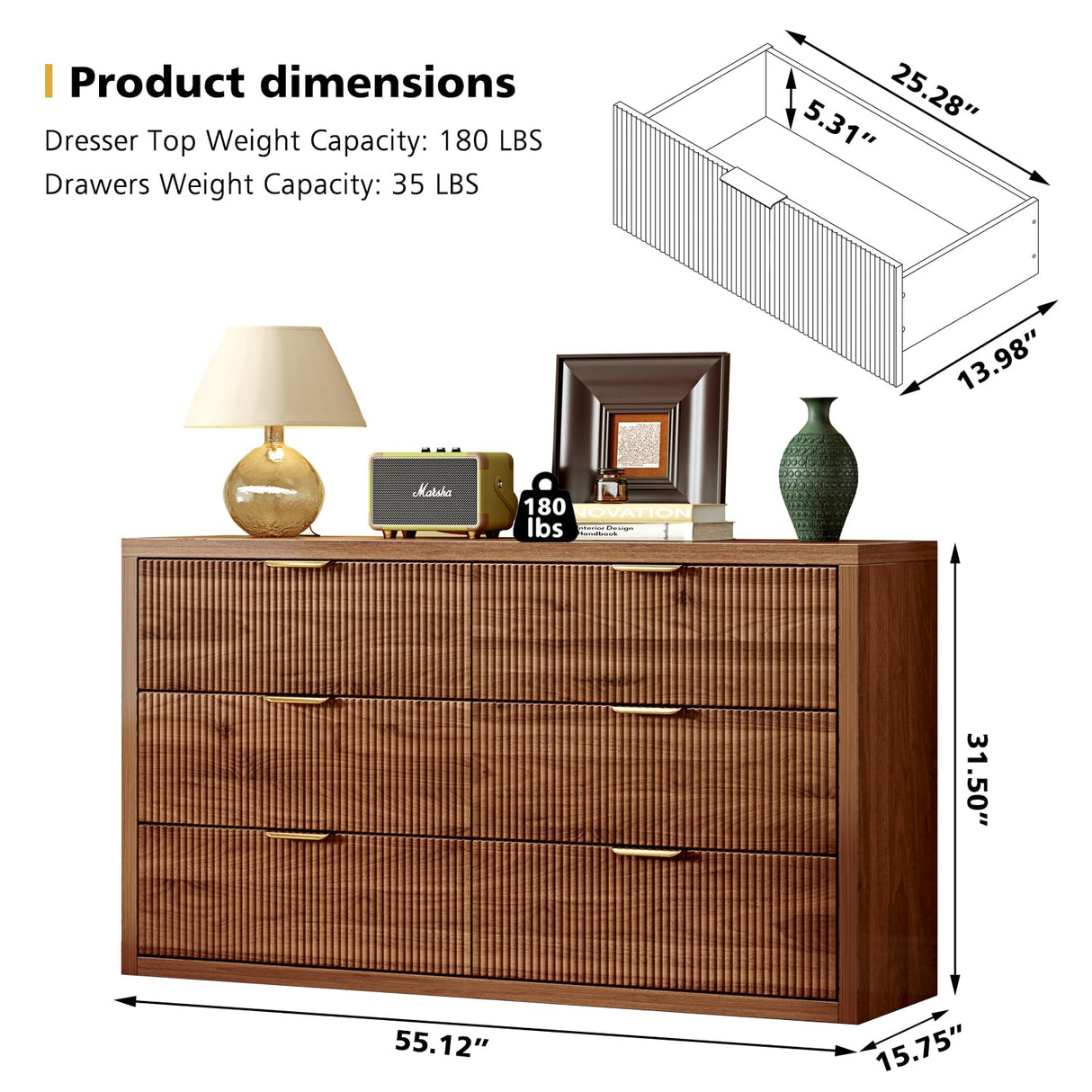 Ieejdn 55.12" Modern Chest of Drawer, 6 Deep Drawers,Clothes Organizer,Large Storage Cabinet for Living Room, Bedroom,Dresser TV Stand, Wood Drawer Organizer for Living Room, Hallway, Walnut Ieejdn