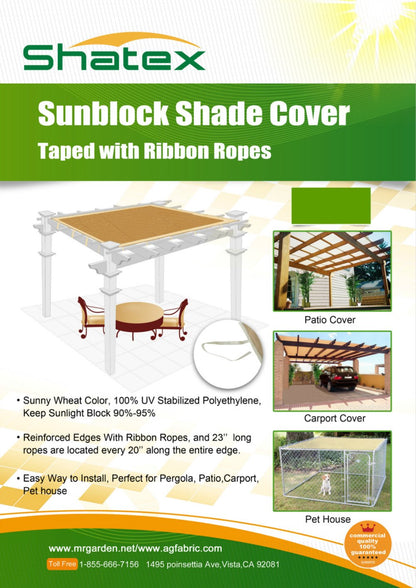 Shatex Shade Panel 10' x 18' Block 90% of Sunlight with Ready-tie up Ribbon for Pergola Gazebo Porch, Wheat - WoodArtSupply