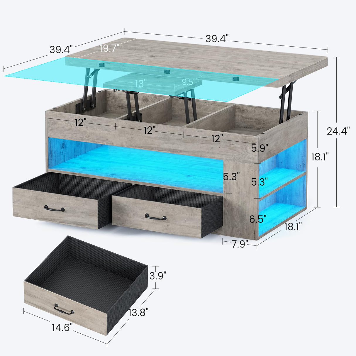 Itaar Lift Top Coffee Table, 4 in 1 Coffee Tables with Storage and Hidden Compartment, Farmhouse Coffee Table with 2 Fabric Drawers & LED Light for Living Room, Grey Oak Itaar