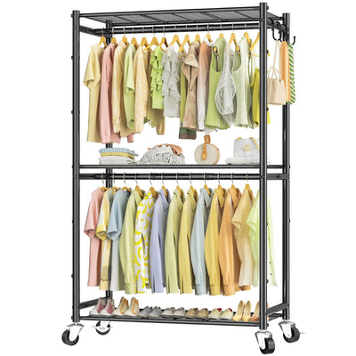 Neatrays Rolling Clothes Rack for Hanging Clothes, Metal Clothing Garment Rack with Double Rods & 3 Wire Shelves, Portable Wardrobe Closet with Wheels