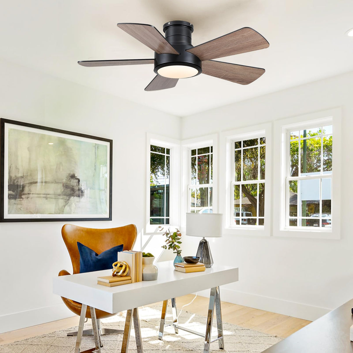 Ceiling Fans with Lights,Modern Low Profile Ceiling Fan with Remote Control,5 Dual-Sided Blades,Reversible DC Motor,40" Black Small Flush Mount Ceiling Fan for Bedroom Indoor/Outdoor Use Hounberi