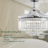 Moooni Dimmable Fandelier Crystal Ceiling Fans with Lights and Remote Modern Invisible Retractable Chandelier Fan LED Ceiling Fan Light Kit -Polished Chrome 36 Inches Moooni