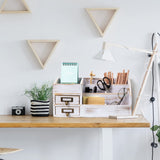 Distressed Rustic Wooden Office Desktop Organizer Shelf Tabletop Home Organizer Storage with Multiple Compartments 2 Tier Drawers perfect Jewelry storage Display Box for Desk Vanity (Washed white) VERGOODR