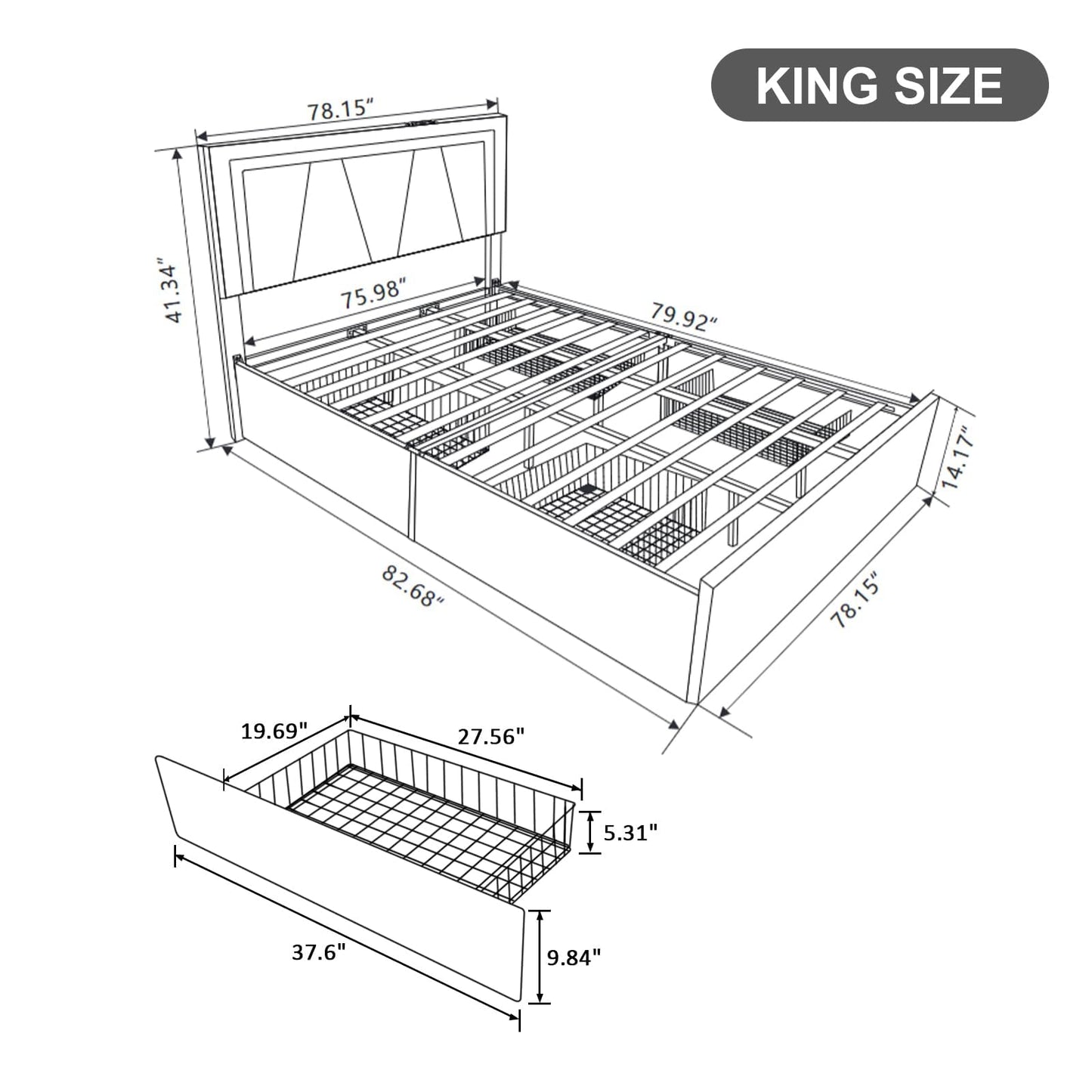 Kallabe White LED King Bed Frame with Storage Drawers and Charging Station - WoodArtSupply