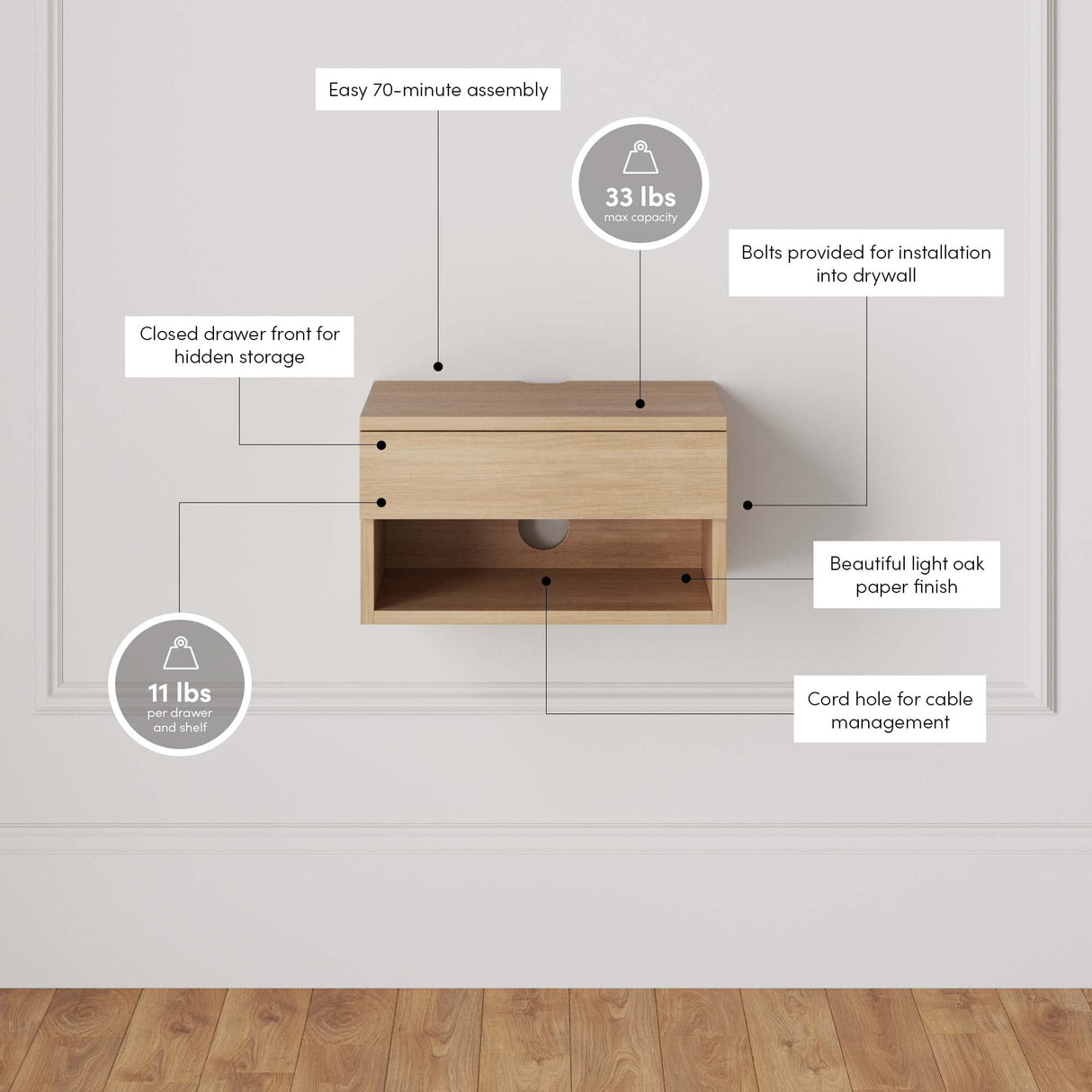 Nathan James Jackson Wall Mounted Floating Bedroom Nightstand with Storage Drawer and Modern Open Shelf Cubby, Light Oak Wood Nathan James