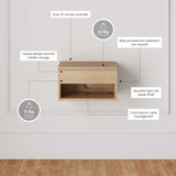 Nathan James Jackson Wall Mounted Floating Bedroom Nightstand with Storage Drawer and Modern Open Shelf Cubby, Light Oak Wood Nathan James