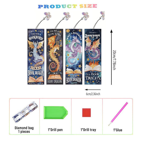 4pcs Diamond Art Bookmarks,Diamond Painting Bookmark Kits for Adult,DIY Gem Art Small Crafts with Rhinestone Tassel,Paint by Diamonds for Graduation Birthday Reader Gifts (Dragon) bestact