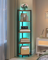 Hzuaneri Corner Shelf with LED Light, 5-Tier Corner Bookshelf, Tall Narrow Display Bookcase with Metal Frame, Standing Shelf for Small Space, Living Room, Home Office, Bedroom, Rustic Brown CS66501B Hzuaneri