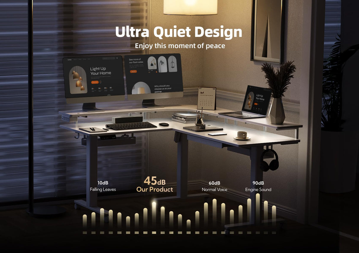 Claiks 63" L Shaped Standing Desk with Drawers and LED Lights, Height Adjustable Electric Corner Standing Desk with Monitor Stand & Power Outlet, 4 Memory Preset, White Claiks