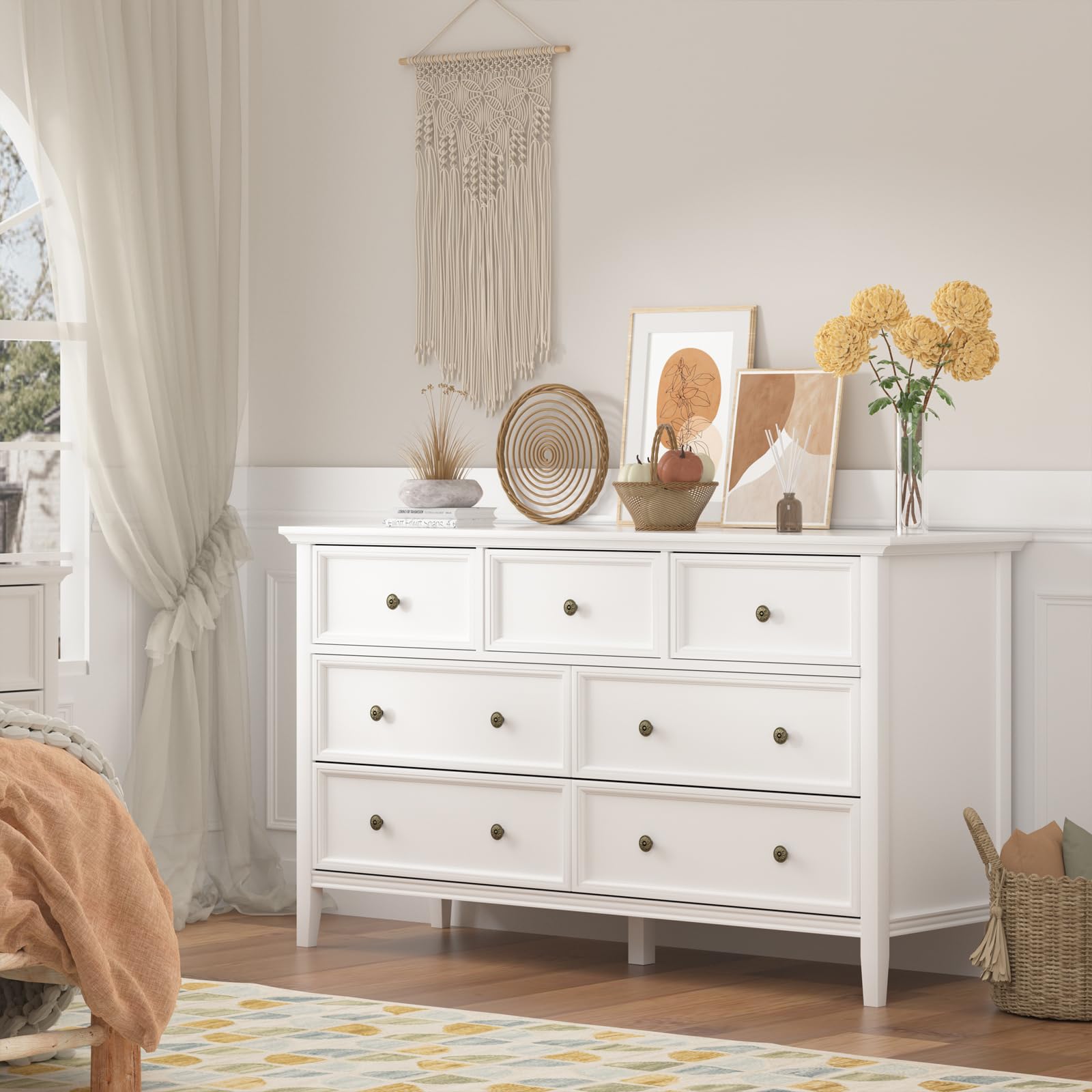 IKENO White 7 Drawer Dresser for Bedroom, Modern Solid Wood Large Storage Cabinet, Simple White Chest of Drawer for Bedroom Living Room Hallway Entryway (White) - WoodArtSupply