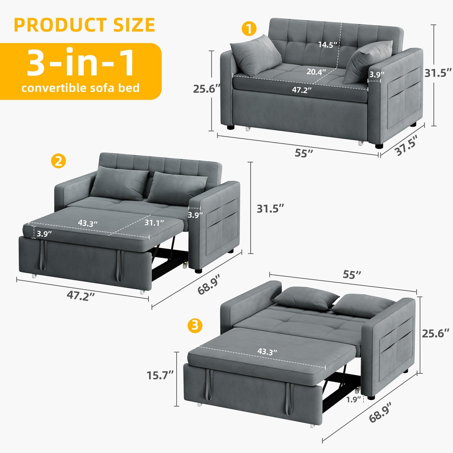 DWVO 55" Convertible Sofa Bed, 3-in-1 Sleeper Sofa with Pull-Out Bed, Velvet Futon Couch with Adjustable Backrest and Side Pocket, Modern Loveseat for Living Room Apartment, Grey, Full Size