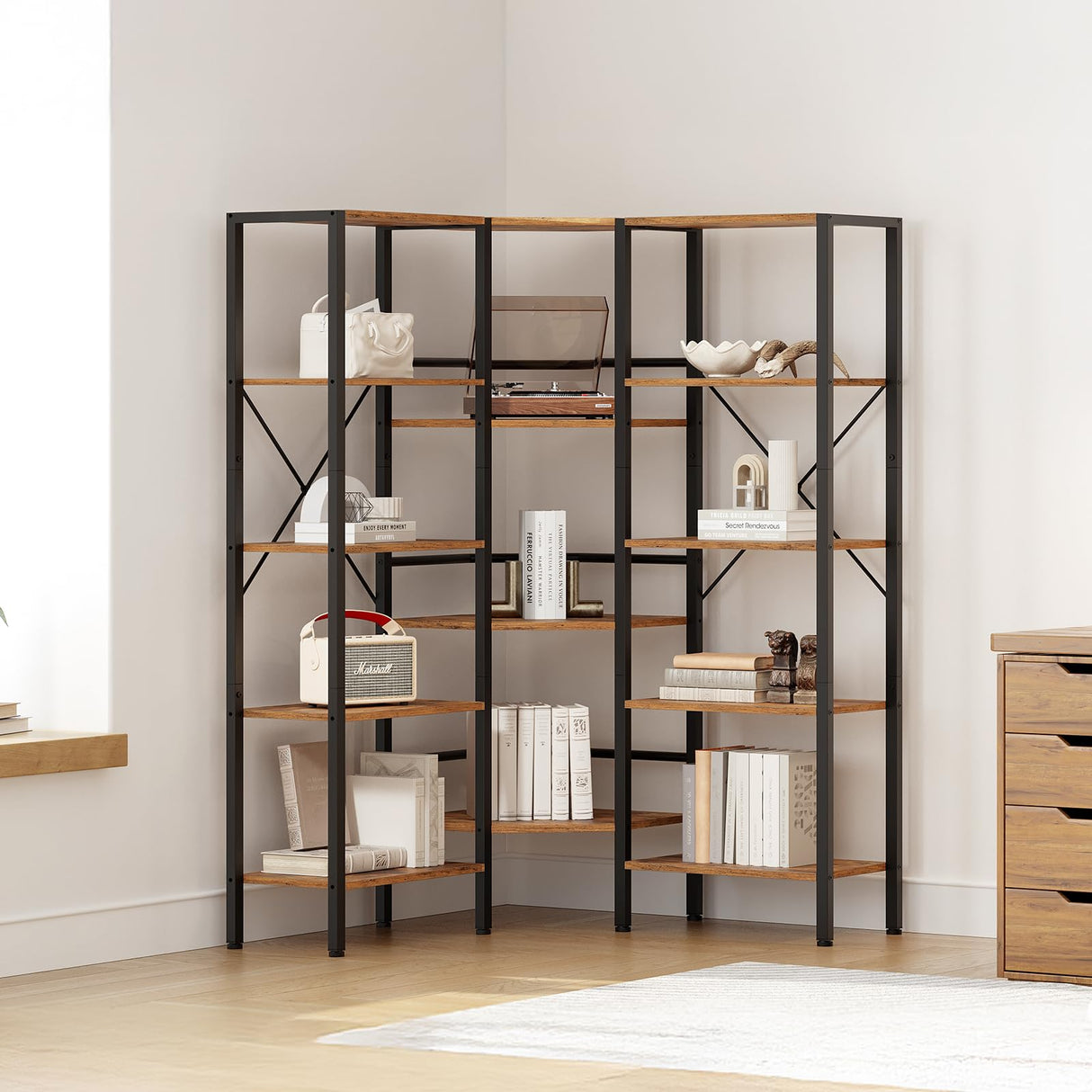 HOOBRO Industrial Corner Bookshelf, 5-Tier L-Shaped Bookcase, Open Display Storage Rack, Floor Standing Storage Shelf, for Living Room, Bedroom, Home Office, Rustic Brown and Black BF68SJ01 HOOBRO
