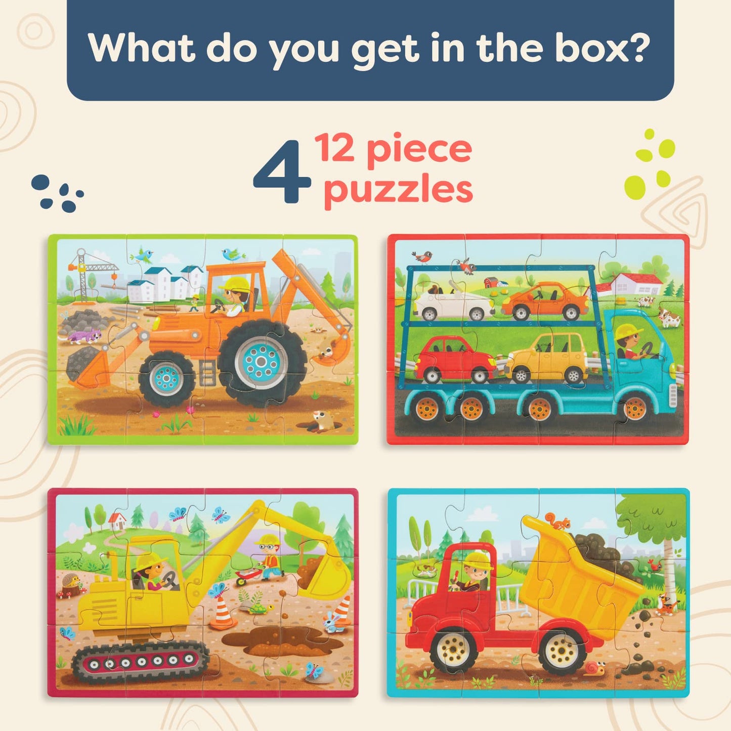 B. toys- Pack o' Puzzles - Trucks- Wooden Puzzle Set – 4 Truck Puzzles – Car Carrier, Loader, Excavator, Dump Truck – 12-Piece Jigsaw Puzzles for Kids – 3 Years +