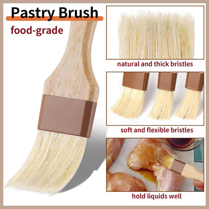 3 Pcs Pastry Brush, Natural Bristle Basting Brush, Cooking Brush, Food Brush, Butter Brush, Baster Brush, BBQ Brushes for Sauce, Kitchen Baking Brushes for Oil, Grilling, Marinade